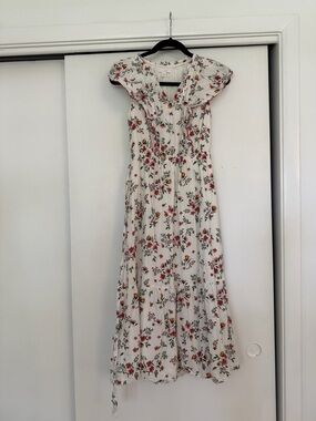 LC Lauren Conrad Ivory Floral Midi Dress with Pink & Green Print
